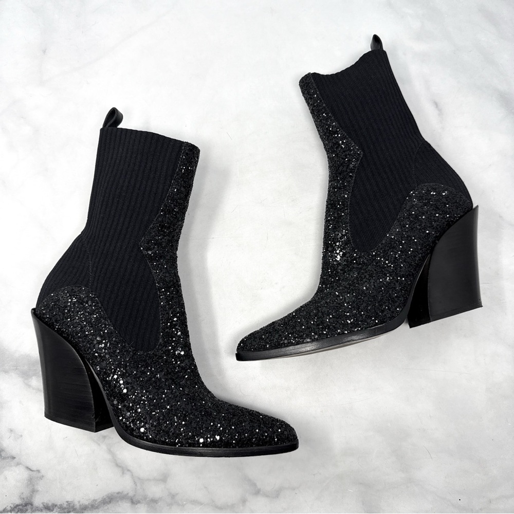 Jimmy Choo Mele Glitter 85 Chelsea Stretch Knit Block Heel Ankle Boots Black 36